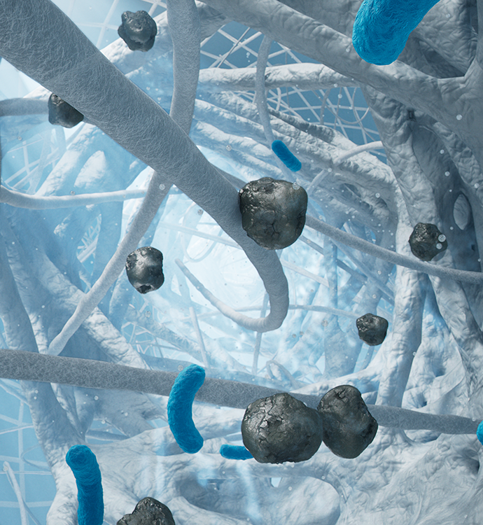 A close-up abstract view of tangled light blue and white fibrous strands with several dark gray stone-like nodules floating through a icy, crystalline network. No person, animal, or real environment is visible, and this does not read as a standard clean product shot; it appears to be a digital/illustrative concept image, so subject_type is best classified as Other.