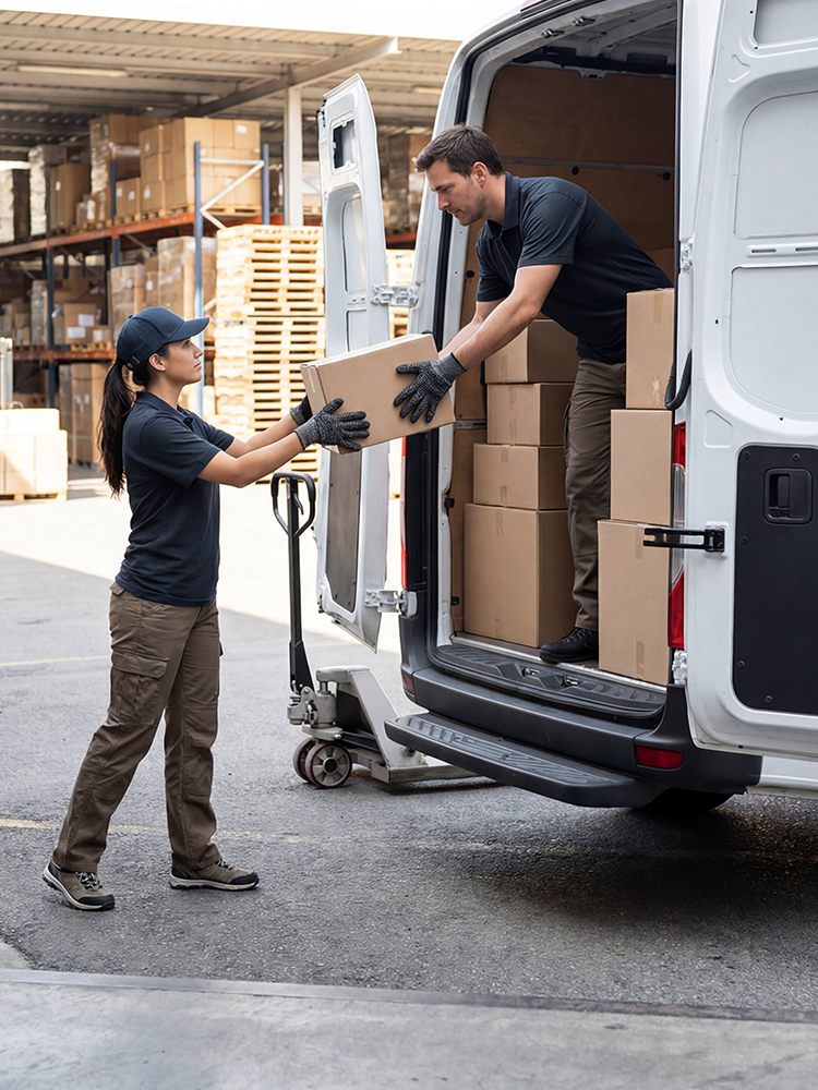A man and a woman in warehouse uniforms load and unload cardboard boxes from a white delivery van in a logistics center. The man is wearing a black t-shirt, brown cargo pants, and black gloves while loading a box into the van.