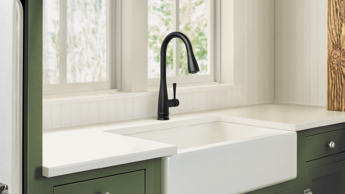 Black Faucet over White Sink with green trim
