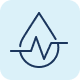 A circular icon featuring a white water droplet with an EKG line inside, on a solid black background.