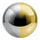 A spherical product with a split metallic finish, featuring half a polished silver chrome surface and half a polished gold chrome surface, set against a solid black background.