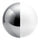 A spherical object with a reflective metallic finish, showing a gradient from dark gray to bright white, isolated on a solid white background.