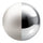 A glossy, reflective metallic sphere shown on a plain white background, with a vertical split highlighting its polished silver finish.