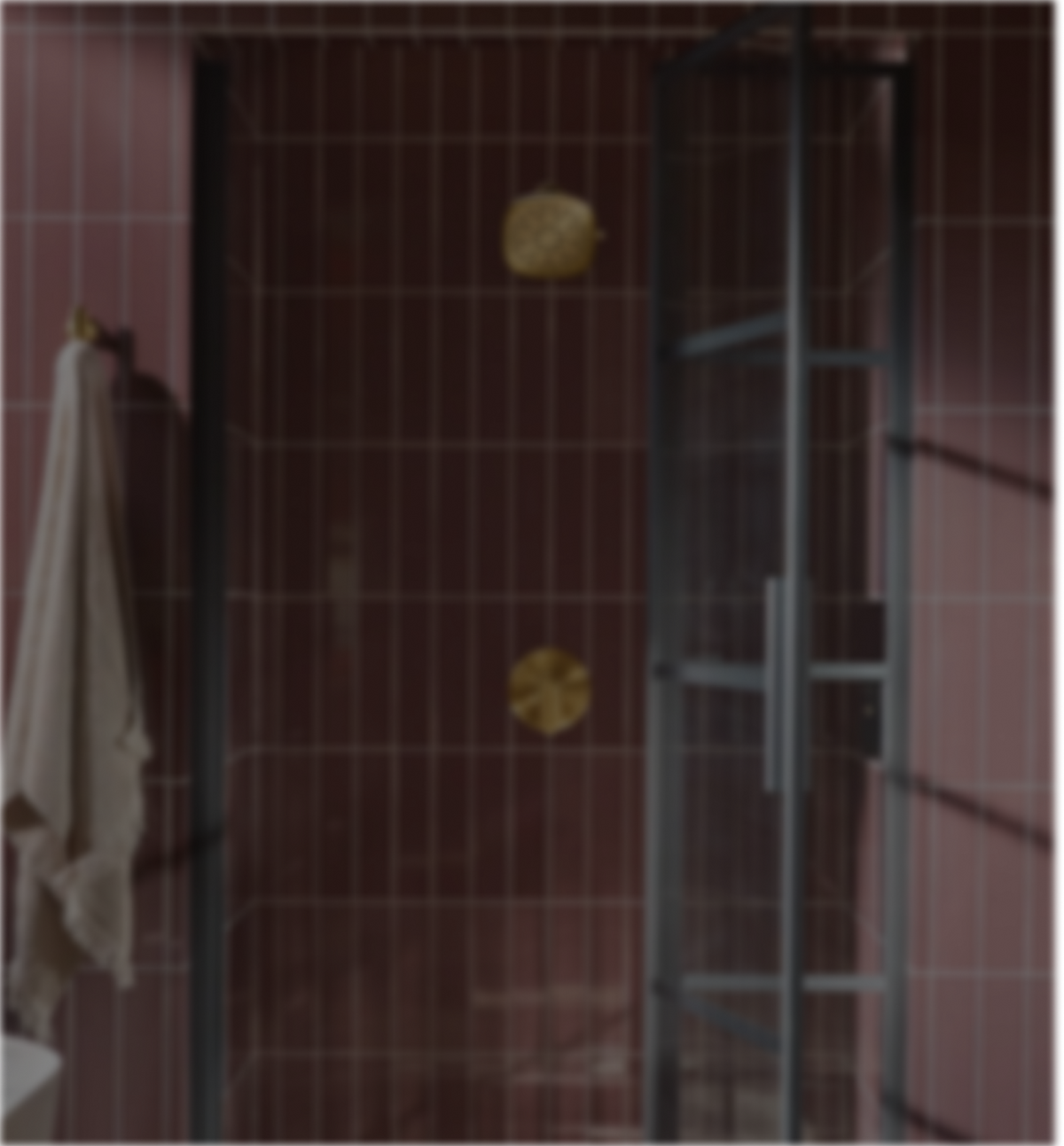 A modern glass shower door with a black metal frame and ladder-style handle, set against a dark reddish-brown tiled wall with a towel hanging on the left.