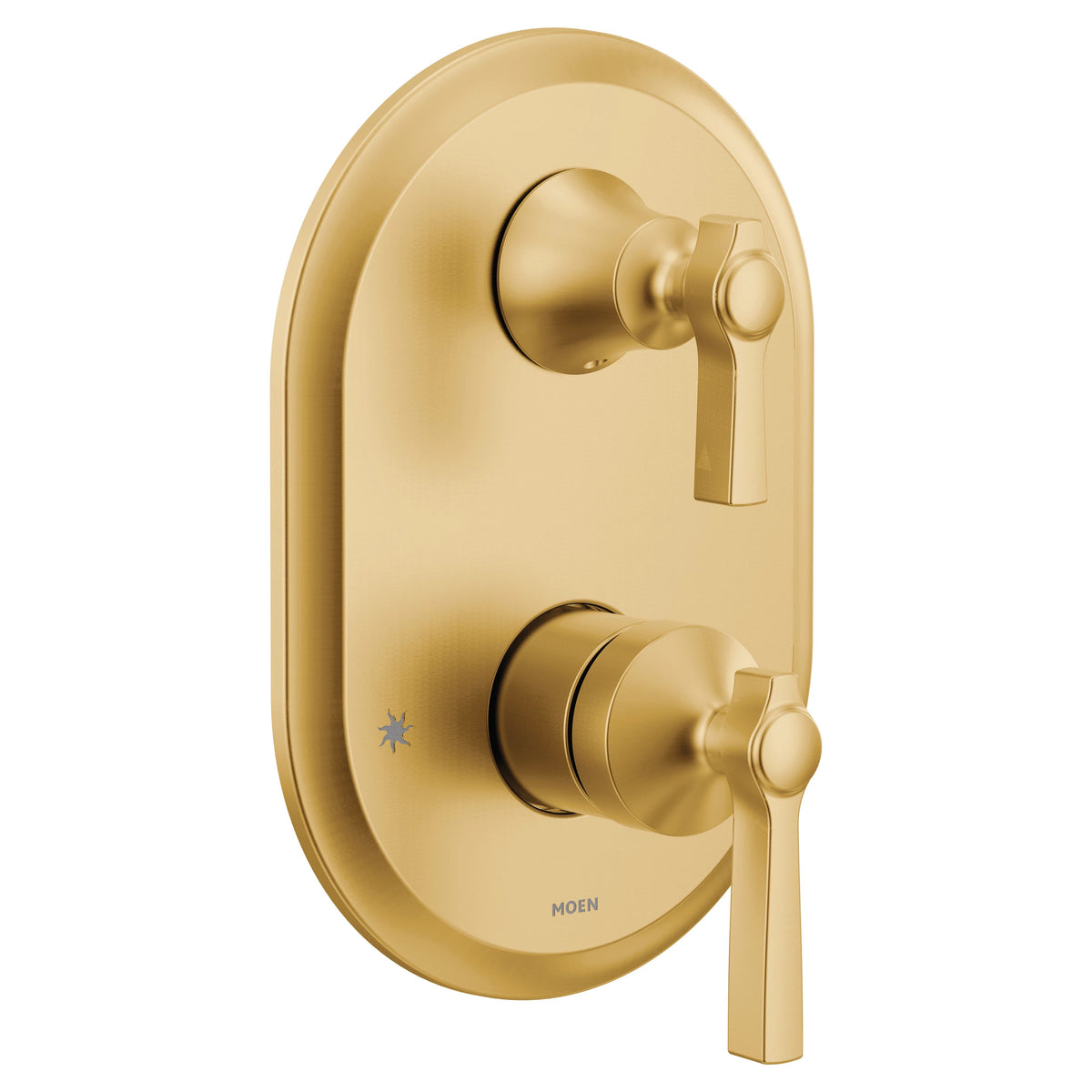 Gold Moen bathroom fixture on a white background